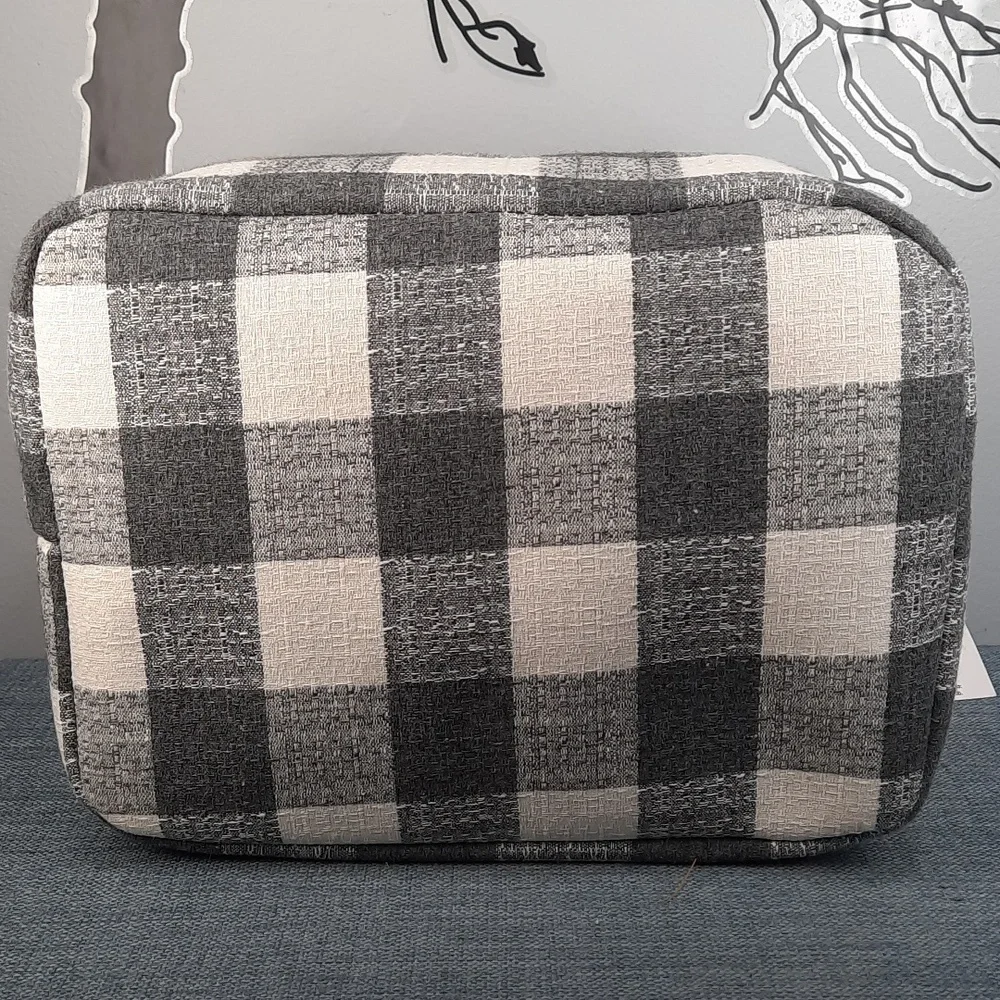 Canvas Storage Organizer Container Bin Gray Plaid Burlap Silver Handles Lined